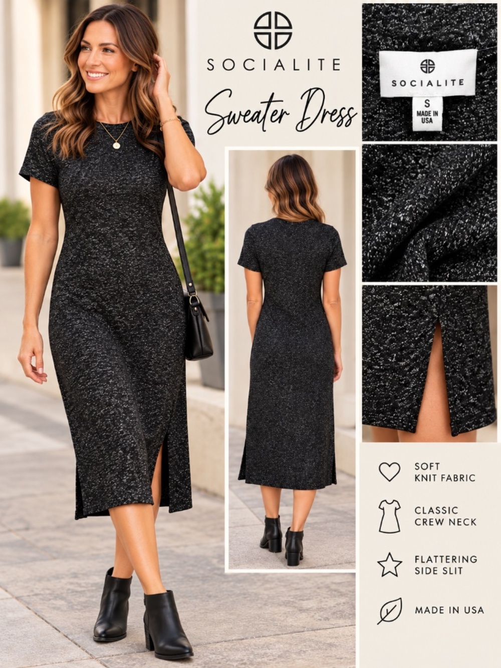 Socialite Black Heathered Knit Midi Sweater Dress Size Small NWT Made in USA